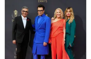 Sep 19, 2021; Los Angeles, CA, USA; Schitt's Creek cast: Eugene Levy, Daniel Levy, Catherine O'Hara and Annie Murphy arrive at the 73rd Emmy Awards at L.A. Live. Mandatory Credit: Robert Hanashiro-USA TODAY