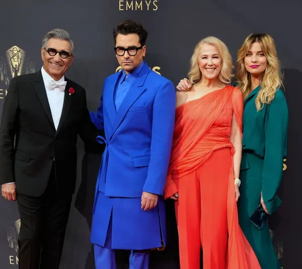 Sep 19, 2021; Los Angeles, CA, USA; Schitt's Creek cast: Eugene Levy, Daniel Levy, Catherine O'Hara and Annie Murphy arrive at the 73rd Emmy Awards at L.A. Live. Mandatory Credit: Robert Hanashiro-USA TODAY