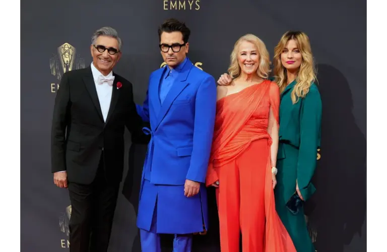 Sep 19, 2021; Los Angeles, CA, USA; Schitt's Creek cast: Eugene Levy, Daniel Levy, Catherine O'Hara and Annie Murphy arrive at the 73rd Emmy Awards at L.A. Live. Mandatory Credit: Robert Hanashiro-USA TODAY