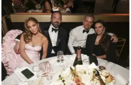 Jan 7, 2024; Beverly Hills, CA, USA; Jennifer Lopez, Ben Affleck, Matt Damon and Luciana Barroso at the 81st Annual Golden Globe Awards at the Beverly Hilton Hotel in Beverly Hills, Calif. Mandatory Credit: Sonja Flemming/Pool via USA TODAY NETWORK