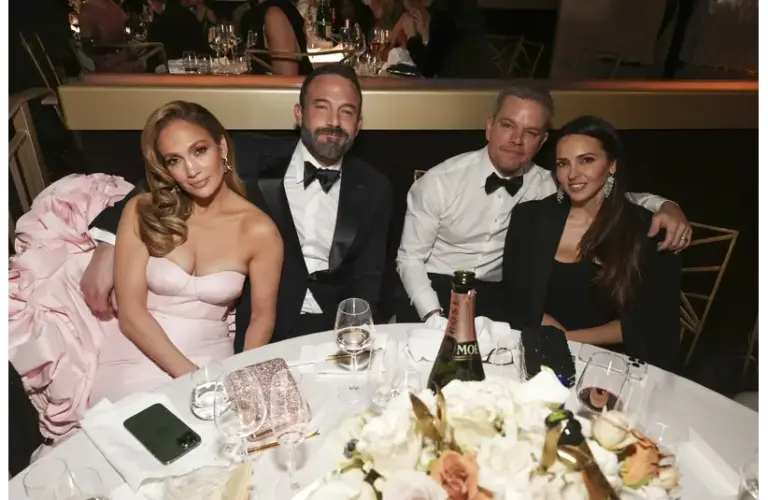 Jan 7, 2024; Beverly Hills, CA, USA; Jennifer Lopez, Ben Affleck, Matt Damon and Luciana Barroso at the 81st Annual Golden Globe Awards at the Beverly Hilton Hotel in Beverly Hills, Calif. Mandatory Credit: Sonja Flemming/Pool via USA TODAY NETWORK