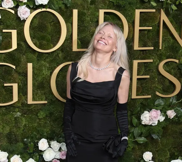 Jan 5, 2025; Beverly Hills, CA, USA; Pamela Anderson at the 82nd Annual Golden Globe Awards at the Beverly Hilton Hotel in Beverly Hills, California on Sunday, Jan. 5, 2025. Mandatory Credit: Dan MacMedan-USA TODAY