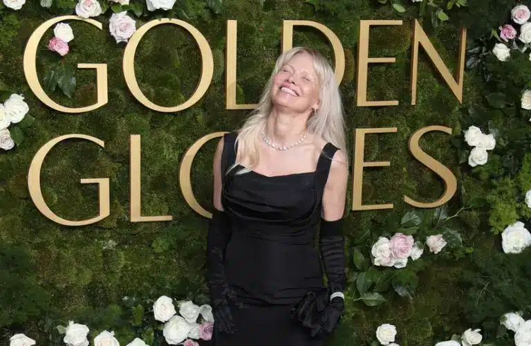 Jan 5, 2025; Beverly Hills, CA, USA; Pamela Anderson at the 82nd Annual Golden Globe Awards at the Beverly Hilton Hotel in Beverly Hills, California on Sunday, Jan. 5, 2025. Mandatory Credit: Dan MacMedan-USA TODAY