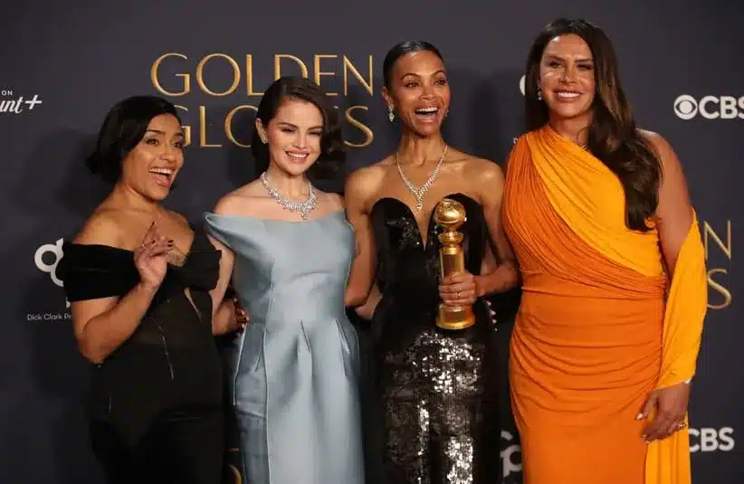 image of Golden Globes nominee Selena Gomez with Karla Sofía Gascón, Zoe Saldana, and Adriana Paz