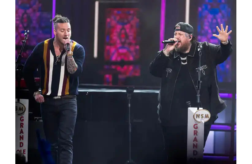 Brandon Lake joins Jelly Roll on stage at the Grand Ole Opry Wednesday, Feb. 19, 2025. Lake made his Opry debut earlier in the night.