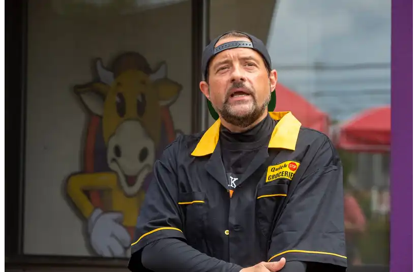 Clerks 2 director, Kevin Smith, speaks to fans during the grand opening of his pop-up Mooby's restaurant in Red Bank, NJ Wednesday, September 8, 2021.