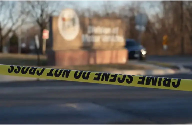 Crime scene tape creates a barrier in front of a blurred outdoor scene featuring a parked car and a sign. The atmosphere feels tense and serious. Recently, a fake ice agent robbed a home.
