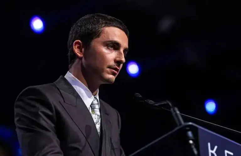 Actor Timothée Chalamet accepts his spotlight award for his part in “Marty Supreme” during the Palm Springs International Film Awards in Palm Springs, Calif., Saturday, Jan. 3, 2026.