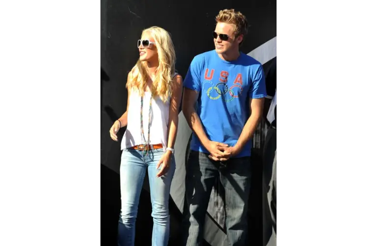 Aug 31, 2008; Fontana, CA, USA: Heidi Montag (left), and Spencer Pratt at the Pepsi 500 at Auto Club Speedway. Mandatory Credit: Kirby Lee/Image of Sport-Imagn Images