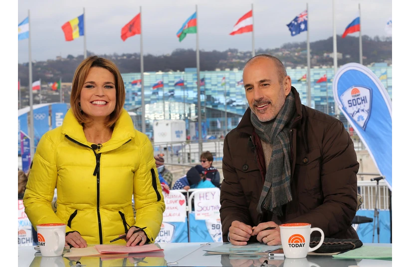 Feb 19, 2014; Sochi, RUS; TODAY Show co-anchors Matt Lauer (right) and Savannah Guthrie on the set of the TODAY Show outside of the Bolshoy Ice Dome during the Sochi 2014 Olympic Winter Games. Mandatory Credit: Winslow Townson-Imagn Images