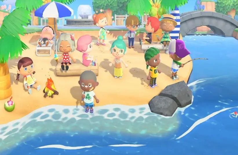 Players hanging out together in Animal Crossing: New Horizons, developed by Nintendo.