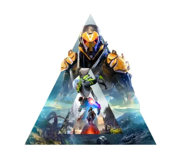 Anthem Cover/The Anthem symbol with several player characters in different poses in different terrains