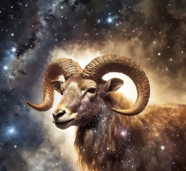 Aries Horoscope: A majestic ram with large, spiraled horns stands against a vivid starry galaxy background, conveying a sense of strength and cosmic wonder.