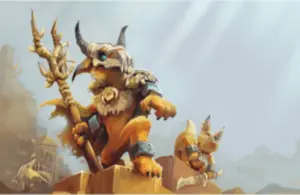 A Hytale fantasy creature wearing a horned skull helmet grips a staff, exuding bravery atop a stone ledge. Another creature sits nearby. Bright, ethereal lighting.