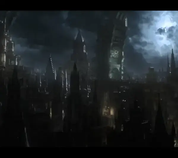 Bloodborne cityscape under a stormy night sky, with towering spires and a large clock tower. The scene is dramatic and eerie, evoking a sense of mystery.