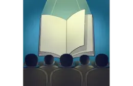 A group of people sitting in an audience watches a large, open book projected onto a screen. The scene conveys themes of learning and focus and YA books adaptations to movies.