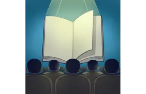 A group of people sitting in an audience watches a large, open book projected onto a screen. The scene conveys themes of learning and focus and YA books adaptations to movies.
