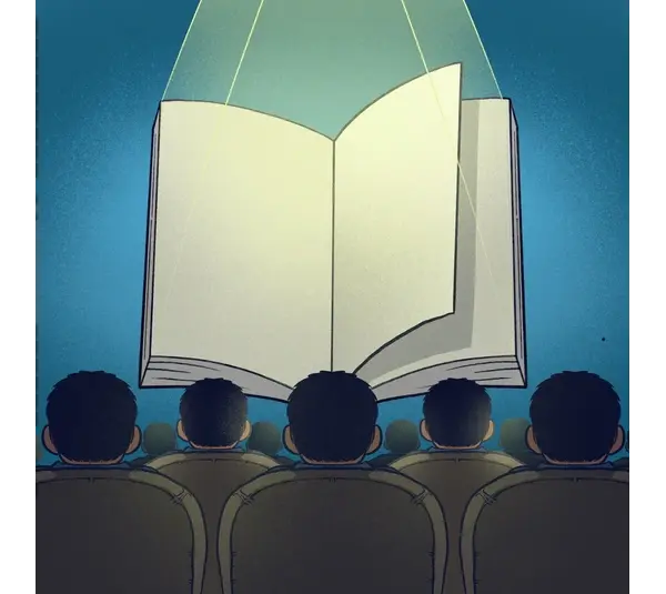 A group of people sitting in an audience watches a large, open book projected onto a screen. The scene conveys themes of learning and focus and YA books adaptations to movies.