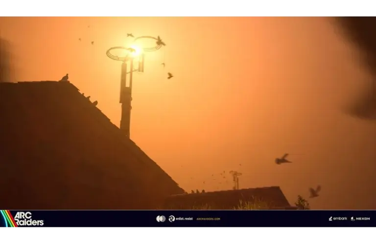 Silhouetted sunset scene with birds flying near a rooftop and a glowing light tower. Warm orange sky creates a tranquil, reflective mood for ARC Raiders Headwinds update