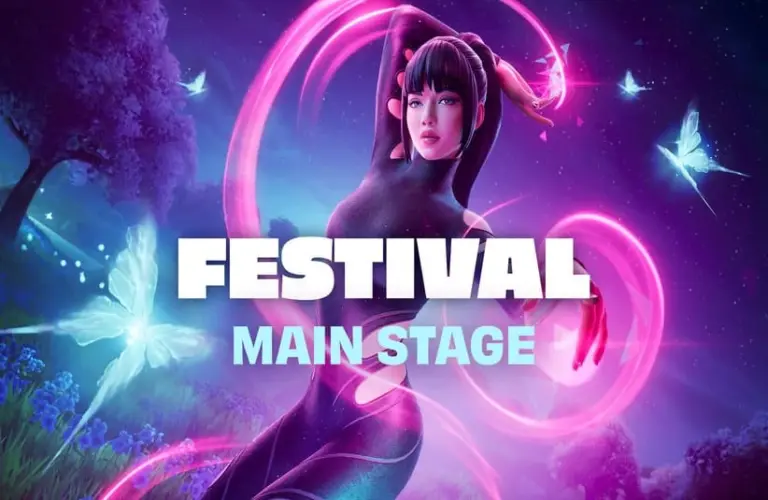 A futuristic woman, a Fortnite character, poses dramatically with pink and blue streaks of light swirling around her. The background features a magical forest with glowing butterflies. The text "FESTIVAL MAIN STAGE" is prominently displayed in bold letters.