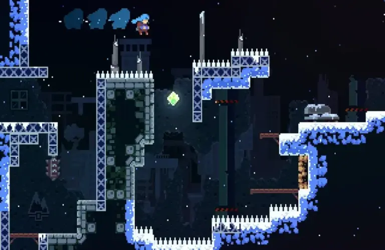 Madeline climbing the mountain in Celeste, one of the most awesome platformers in the world.