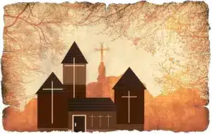 Illustration of a brown church with crosses, set against an orange, autumn backdrop. Leafy branches frame the scene, creating a serene, historic feel., Daily Devotion