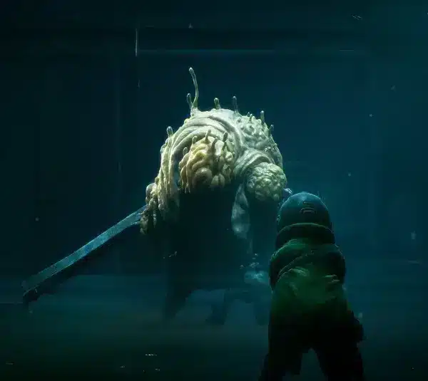 A character in End of Abyss in a green coat faces a large grotesque creature wielding a sword in a dark, eerie setting. The atmosphere is tense and foreboding.
