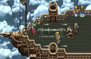 Screenshot from Final Fantasy Vi of characters on the airship during gameplay.