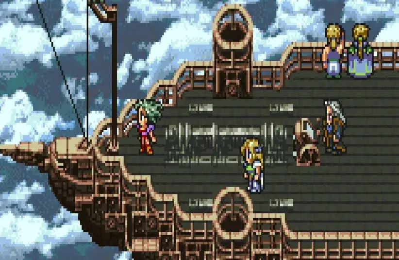 Screenshot from Final Fantasy Vi of characters on the airship during gameplay.