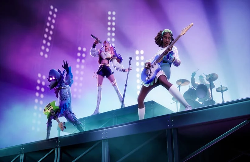 Animated characters, Fortnite characters, perform energetically on stage under vibrant purple lights. A singer, guitarist, and drummer create a lively concert atmosphere.