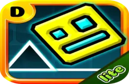 Bright, stylized game icon in Geometry Dash featuring a yellow square face with geometric eyes and mouth, set against a blue grid and white triangle. Bold "lite" text.