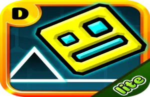 Bright, stylized game icon in Geometry Dash featuring a yellow square face with geometric eyes and mouth, set against a blue grid and white triangle. Bold "lite" text.