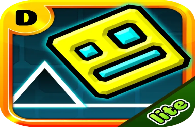 Bright, stylized game icon in Geometry Dash featuring a yellow square face with geometric eyes and mouth, set against a blue grid and white triangle. Bold "lite" text.