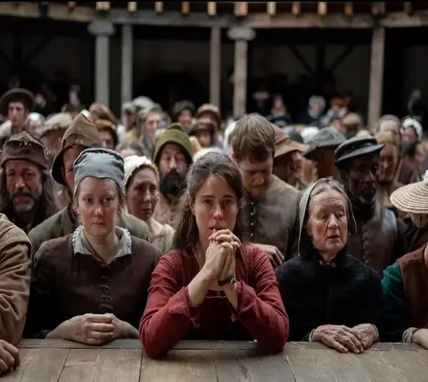Jessie Buckley as Agnes going to see a Shakespeare play in Hamnet.