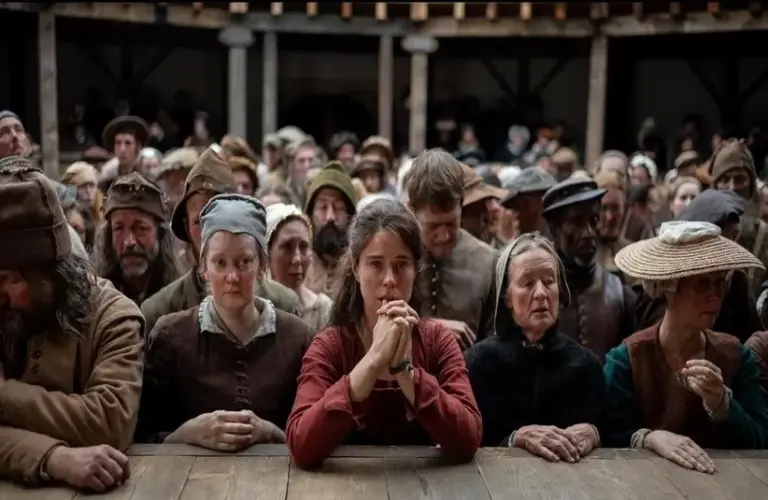 Jessie Buckley as Agnes going to see a Shakespeare play in Hamnet.