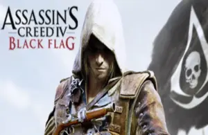 Cover art for Assassin's Creed IV: Black Flag. A hooded character looks down with a serious expression, a pirate flag in the background.