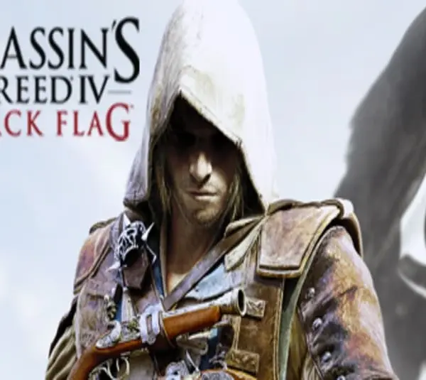 Cover art for Assassin's Creed IV: Black Flag. A hooded character looks down with a serious expression, a pirate flag in the background.