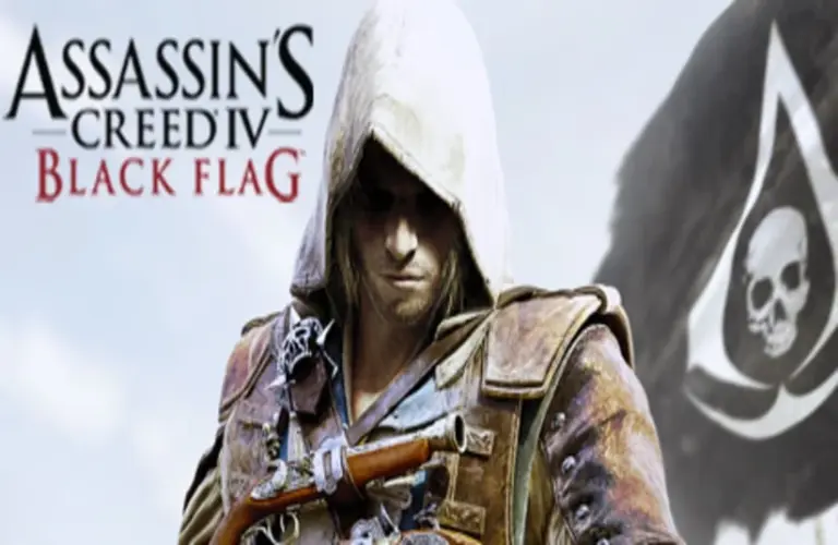 Cover art for Assassin's Creed IV: Black Flag. A hooded character looks down with a serious expression, a pirate flag in the background.