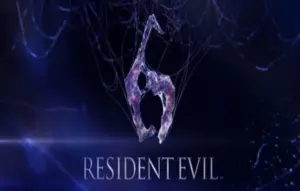 "Resident Evil 6 logo featuring a stylized purple 6 with web-like patterns on a dark blue background, conveying a tense, mysterious tone."