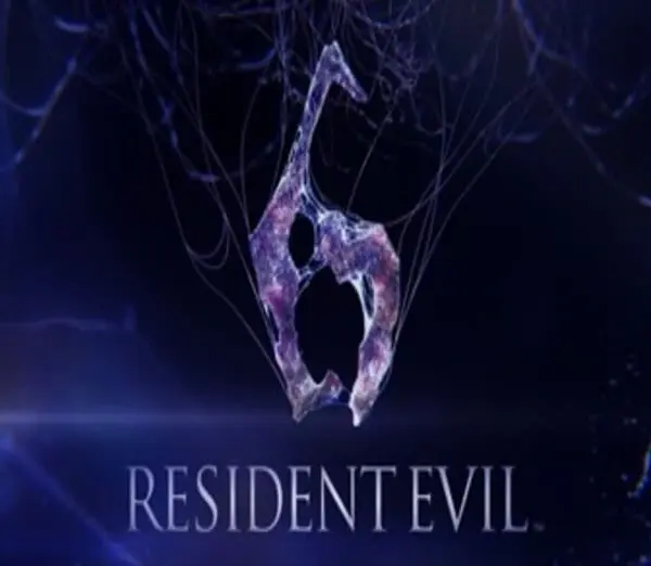 "Resident Evil 6 logo featuring a stylized purple 6 with web-like patterns on a dark blue background, conveying a tense, mysterious tone."