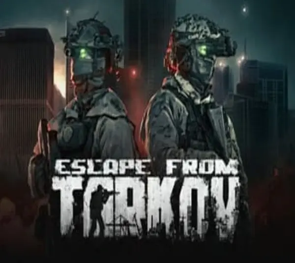 Escape From Tarkov cover. Two soldiers standing back to back in front of a cityscape with and setting sun and Escape from Tarkov title in the foreground