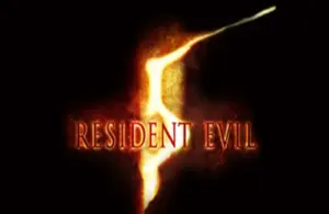 Glowing orange "5" with fiery effect behind bold "Resident Evil" text on a dark background, creating a mysterious, intense atmosphere.