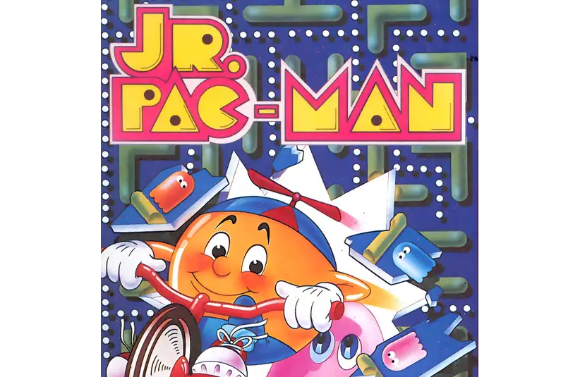 Colorful "Jr. Pac-Man" game cover showing a cartoon Pac-Man character on a tricycle, with a maze and small ghost characters in the background. Energetic and playful tone.