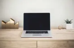 A sleek laptop doing processes with a blank screen sits on a wooden desk. To the left are gold geometric bookends, and to the right is a small potted plant, creating a minimalist and tidy workspace.