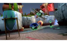 A battle scene in Kiln with quirky green ceramics on a battlefield. One character flies menacingly above while others watch below.