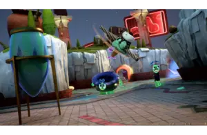 A battle scene in Kiln with quirky green ceramics on a battlefield. One character flies menacingly above while others watch below.