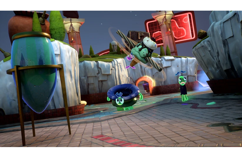 A battle scene in Kiln with quirky green ceramics on a battlefield. One character flies menacingly above while others watch below.