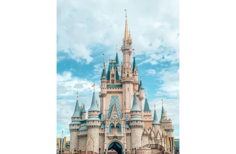 Photo of Cinderella's Castle in Disneyland with a blue sky in the background