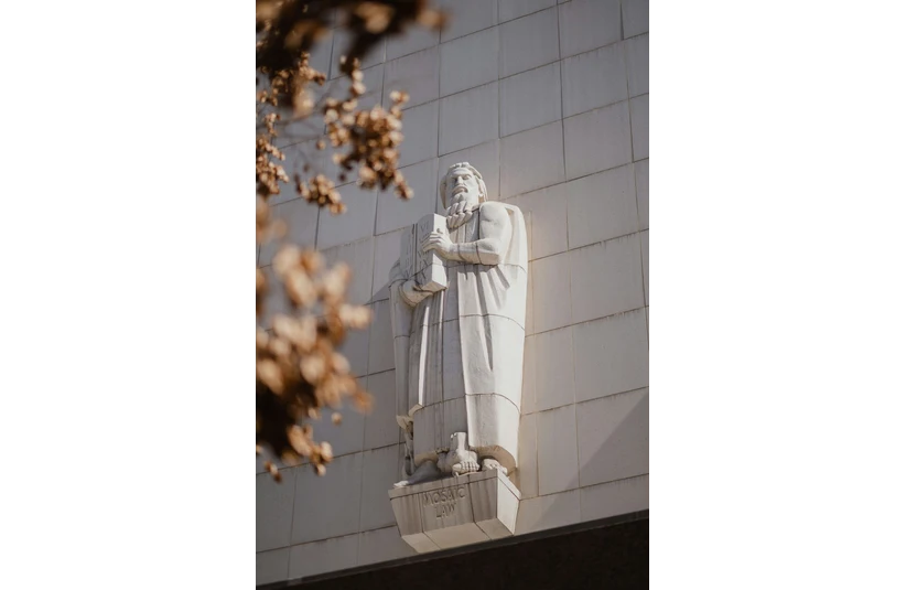 Moses holding the tablets of the ten commandments, part of an architectural detail on a courthouse in Downtown Los Angeles.