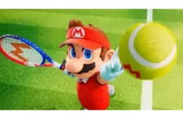 A cartoon character in a red outfit and visor, holding a tennis racket, hits a tennis ball on a vibrant green court, conveying energy and focus. Mario Tennis Fever
